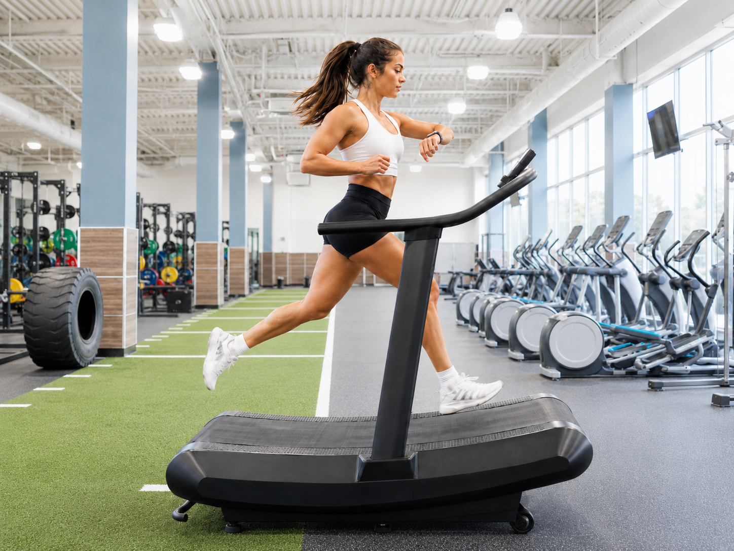 Athlete running on a treadmill and checking her Apple Watch