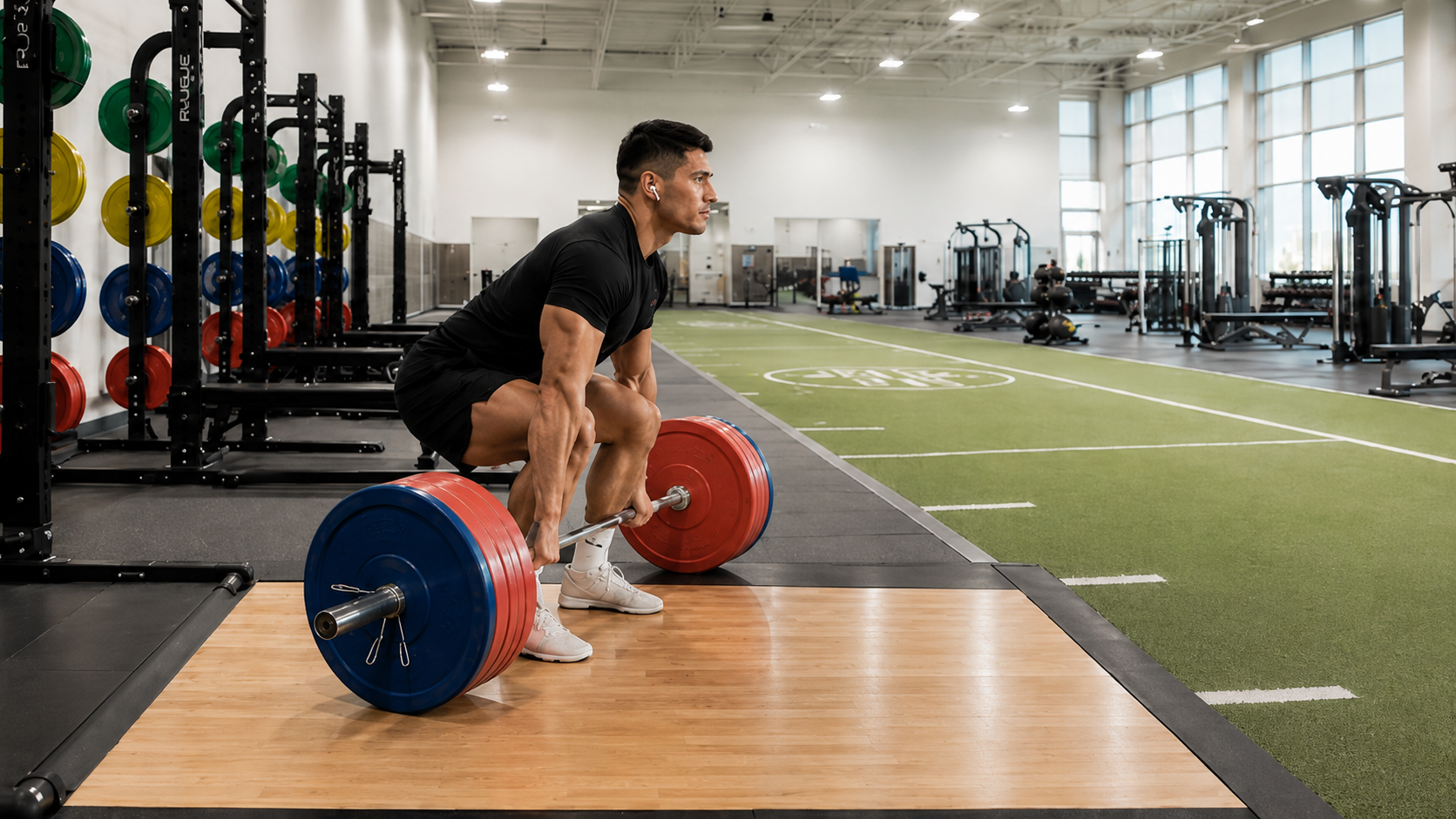 Lifter setting up a heavy barbell deadlift in the gym